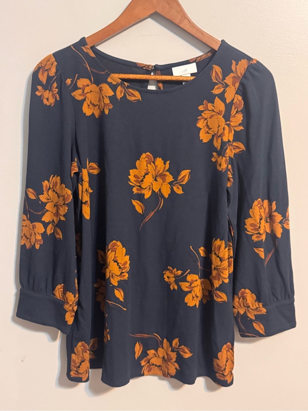 J.Jill XS Navy Orange Floral 3/4 Sleeve Stretch Rayon Blouse Top